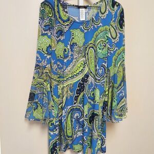 MSK‎ Women's Blue Green Paisley Bell Sleeve Shift Dress M Boho Chic Maximalist